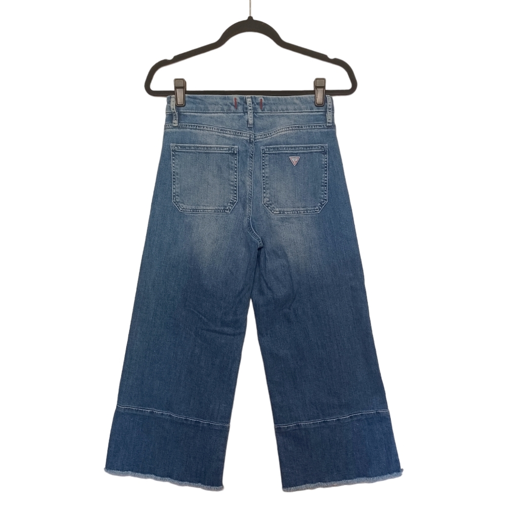 GUESS LOS ANGELES Crop Wide Leg Raw Hem Medium Blue Wash Denim Jeans 26